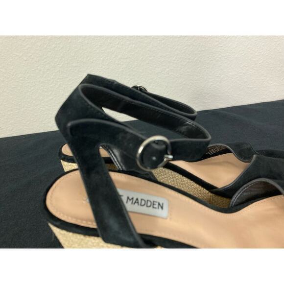Steve Madden Black‎ Suede Wedge Heels Platform Ankle Strap Party Size 8.5 - Picture 12 of 13